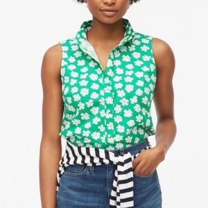 J. Crew Poplin Sleeveless Green Floral Button Down Shirt